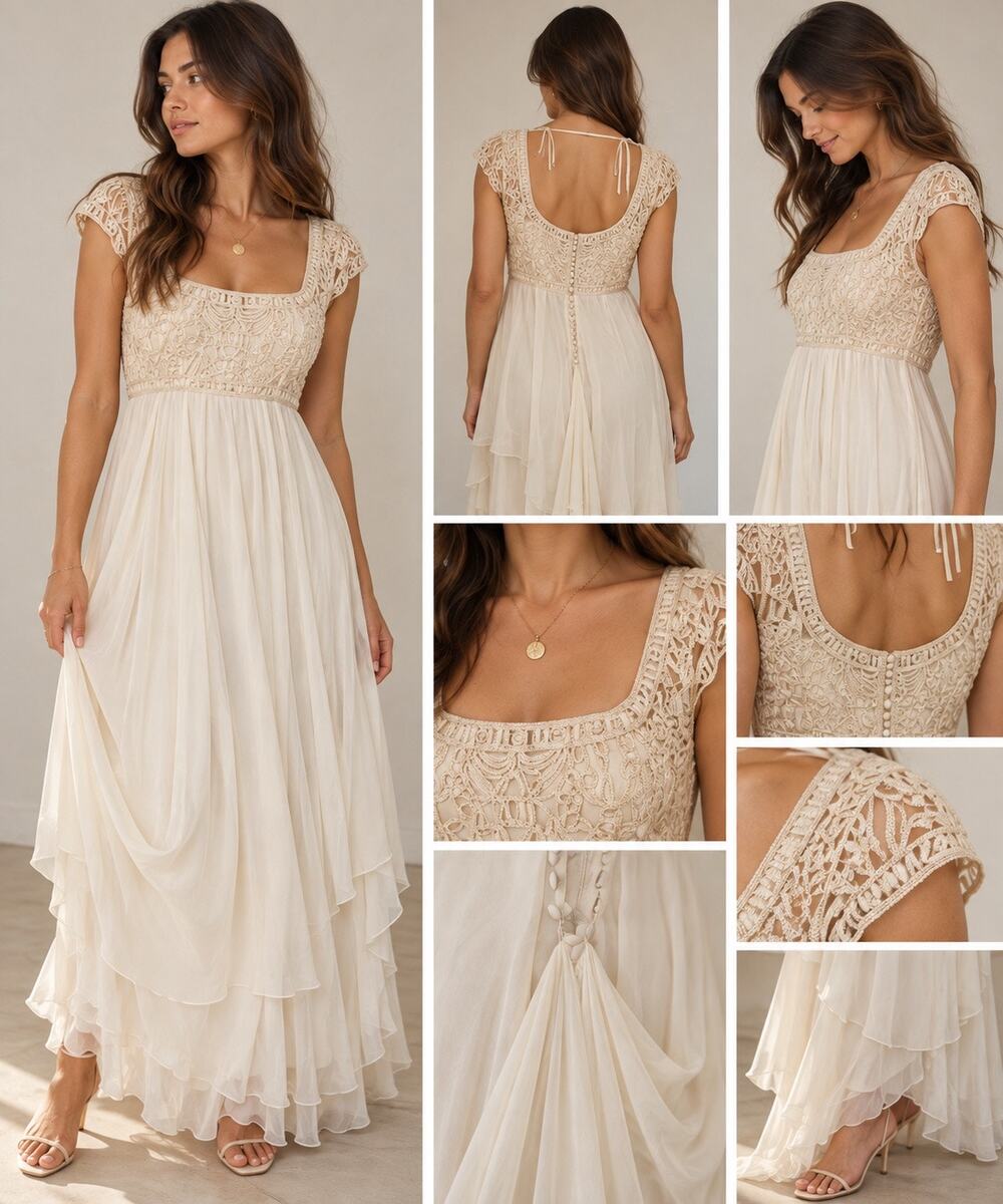 Greek Goddess Wedding Dress Ivory Grecian Lace Empire Waist Ethereal Bridal 6-8